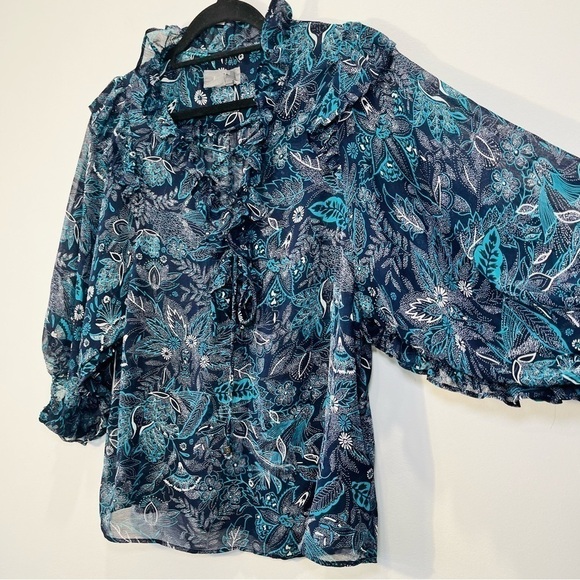 Anthropologie Sheer Floral Long Balloon Sleeve Lace Up Blue Peasant Blouse Top - Picture 5 of 11